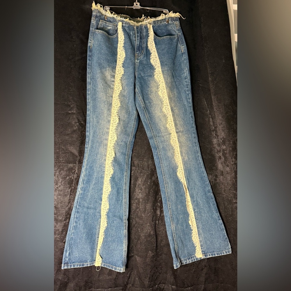 PrettyLittleThing Denim Flare Jeans with Cream Lace